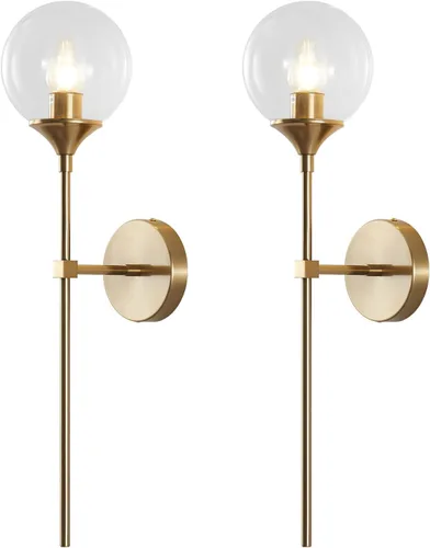 Vista 10 de KCO Mid-Century - Juego de 2 apliques de pared modernos con globo de vidrio ámbar con brazo largo, lámparas de pared industriales doradas