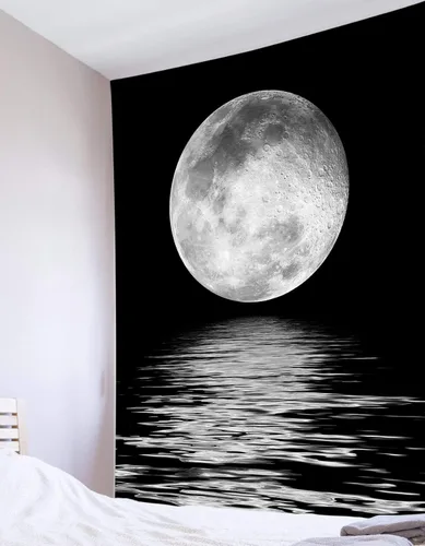 Vista 19 de LB Tapiz pequeño de luna llena sobre océano, tapiz de pared de cielo nocturno estrellado, fantasía 3D, arte de pared de luna grande en blanco