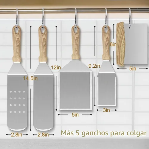 Vista 2 de HaSteeL - Juego de 5 espátulas de metal, kit de accesorios de plancha resistente, de acero inoxidable duradero, para hamburguesas, espátulas