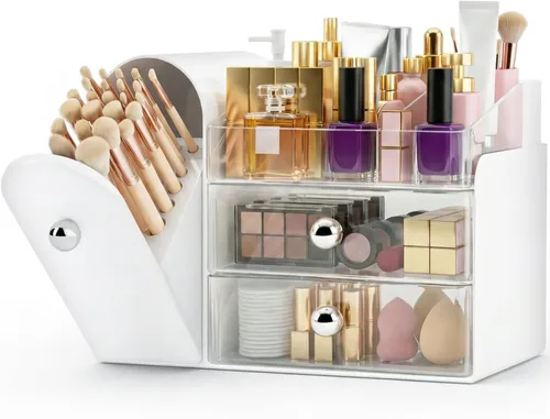 Vista 10 de Organizador de Maquillaje, Organizador de Tocador con Soporte para Brochas de Maquillaje, Organizadores Grandes para Cuidado de la Piel