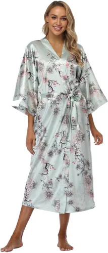 Vista 5 de Bata tipo kimono para mujer, floral, larga, ligera, sedosa, ropa de dormir