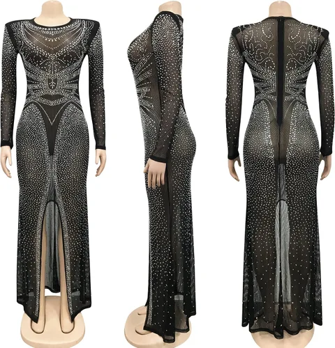 Vista 5 de PORRCEY Vestido de noche brillante de manga larga con diamantes de imitación para mujer, sexy, elegante, para club nocturno