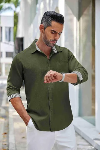 Vista 2 de COOFANDY Camisa de lino con botones para hombre, de manga larga, informal, para playa, con bolsillo