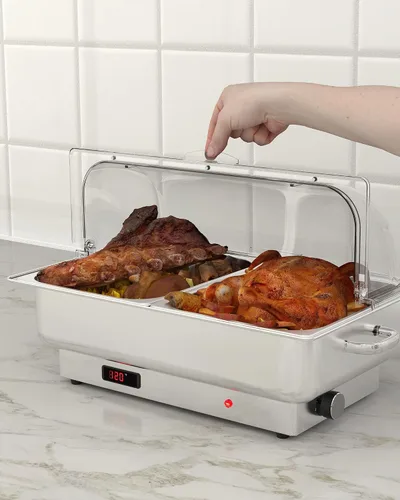 Vista 6 de 9QT - Juego de platos eléctricos para catering con control de temperatura, servidores y calentadores de bufé de acero inoxidable con tapa enrollable