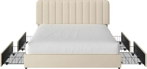 Vista 7 de VECELO Base de cama tapizada de tamaño matrimonial con 4 cajones y cabecero, plataforma de terciopelo, soporte de listones de madera, no necesita
