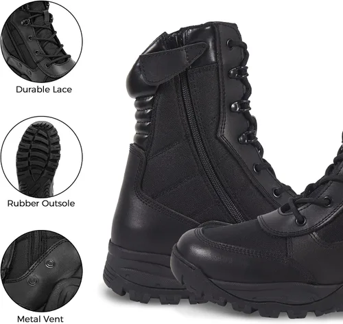 Vista 4 de WIDEWAY Botas de trabajo tácticas militares de 8 pulgadas con cremallera lateral ligeras de combate del ejército botas de trabajo duraderas