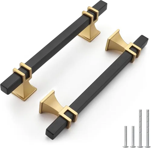 Vista 18 de Haliwu Paquete de 5 tiradores de gabinete con barra en T negra y dorada de 3 pulgadas, tiradores de puerta para armarios de cocina, manijas de zinc