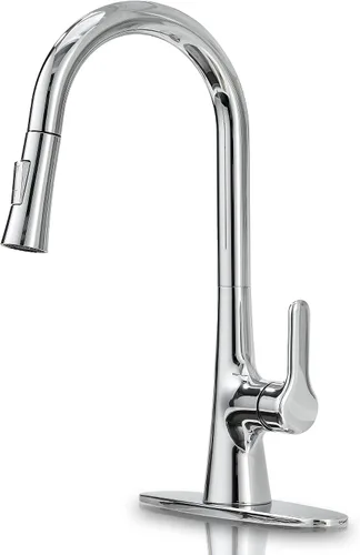 Vista 8 de Grifo de cocina dorado cepillado, grifo de fregadero de cocina dorado de una sola manija con rociador extraíble, grifo de cocina moderno de latón