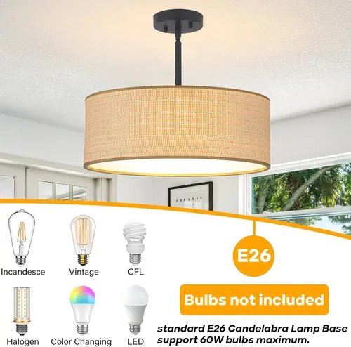 Vista 7 de Rattan Sloped Ceiling Light, 16.53" Woven Semi Flush Mount Boho Fabric Drum Shade, Pendant Lighting, for Dining Room, Foyer, Living Room, Hallway