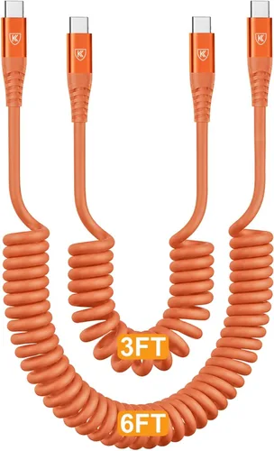 Vista 8 de Cable USB C a C de 3 pies, paquete de 2 cables de carga USB C en espiral para automóvil tipo C, cable de carga rápida para iPhone