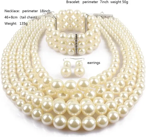 Vista 4 de Collar multicapa de perlas de imitación exageradas+pulsera+arete Collar de perlas grande Conjunto de joyas de boda para mujeres y niñas