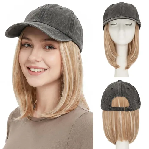 Vista 17 de SEGO - Gorra de béisbol con extensiones de cabello para mujer, resistente al calor, sintético, 6 pulgadas, ajustable, corta, recta, peluca