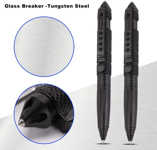 Vista 3 de Juego de 2 bolígrafos tácticos militares con 6 repuestos negros para escribir, hechos de acero de tungsteno y aluminio (negro, paquete de 2)