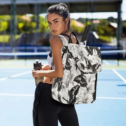 Vista 7 de Tenni - Bolsa de raqueta de bádminton para almacenamiento grande, color negro y blanco, mariposa, accesorios deportivos, mochila para tenis