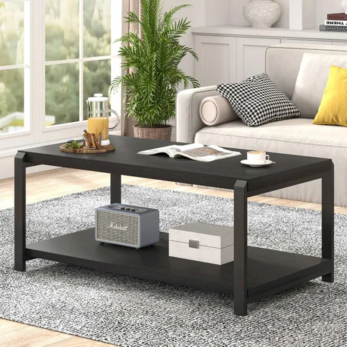 Vista 3 de EXCEFUR Mesa de café negra, mesa central moderna de madera rústica para sala de estar, mesa de té industrial rectangular de cóctel con estante