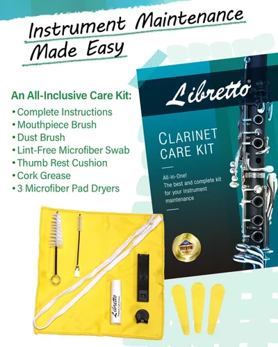 Vista 5 de Libretto Juego de clarinete Bb para principiantes e intermedios, boquilla y cañas de marca, soporte de música, kit de limpieza, instrucciones, funda