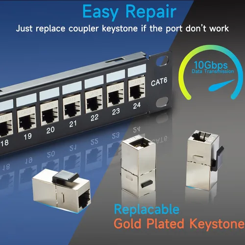 Vista 5 de Panel de conexión RJ45 de 24 puertos Cat6 STP a través de, panel de red acoplador de 19 pulgadas, panel de conexión Keystone Ethernet en línea