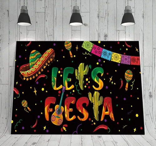 Vista 4 de Telón de fondo negro de Let's Fiesta Mexicana, 6 x 3.6 pies, decoración de fiesta de Let's Fiesta Luau Cinco de Mayo, decoración de cumpleaños