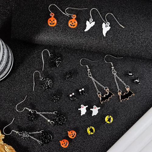 Vista 5 de 20 pares de aretes de Halloween para mujer, aretes colgantes de calabaza, araña, gato negro, para niñas, fiesta de Halloween