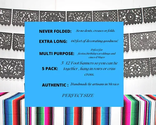 Vista 8 de Pancartas de papel picado negras, decoraciones de fiesta, pancarta de fiesta mexicana, banderines, guirnaldas, serpentinas para bodas, quinceañeras