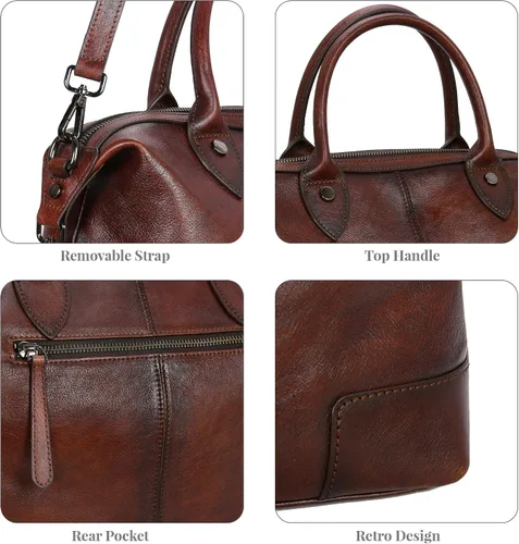 Vista 6 de HESHE Bolso de mano de cuero genuino para mujer, bolso de cuero de gran capacidad, bolso de mano con asa superior, bolso de médico vintage