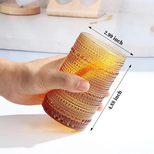 Vista 2 de Juego de 6 vasos de vidrio Lumkit acanalados para beber, juego de cristalería vintage cóctel, vasos para jugo de 13 onzas, ámbar