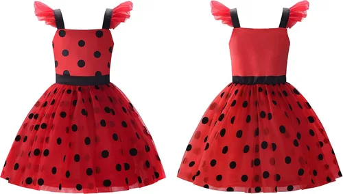 Vista 2 de Uplus ME Disfraz de mariquita para niñas, vestido de mariquita, disfraz de mariquita para niños, conjunto de disfraz de mariquita para Halloween