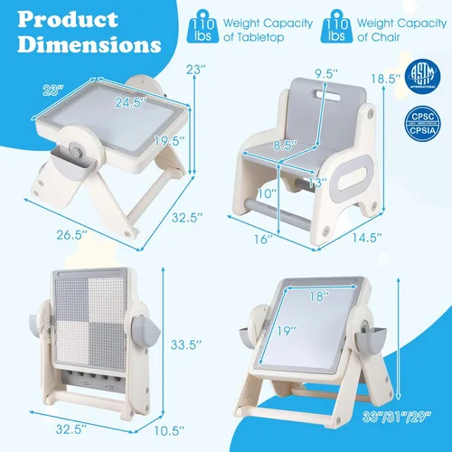 Vista 26 de Costzon Juego de mesa y silla 6 en 1 para niños, caballete de arte plegable con marcadores, borrador, 102 ladrillos compatibles, mesa de bloques