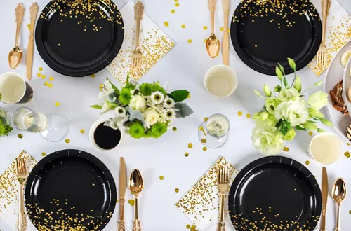 Vista 4 de Platos negros de papel negro de 9 pulgadas, 50 unidades, platos de papel negro y dorado para fiesta, 21 cumpleaños, graduación, Año Nuevo