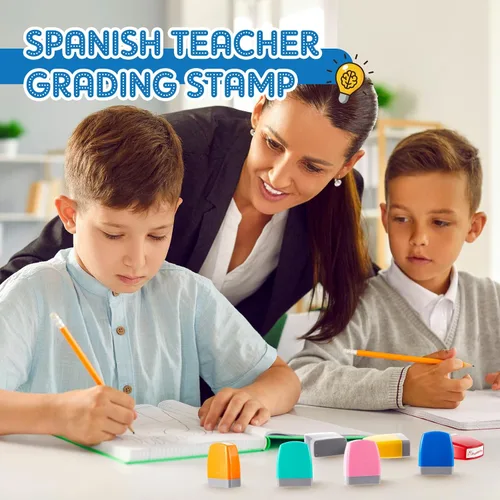 Vista 6 de Qilery 8 sellos para profesores, regalos de calificación en español, de goma, autoentintado, motivación para la escuela, sello