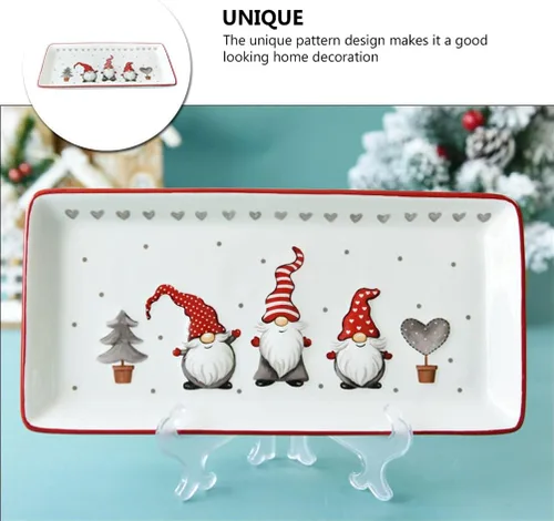 Vista 3 de Platos rectangulares de porcelana para servir gnomos de Navidad para servir ensalada, pasta, queso, aperitivo, jamón, apto para lavavajillas