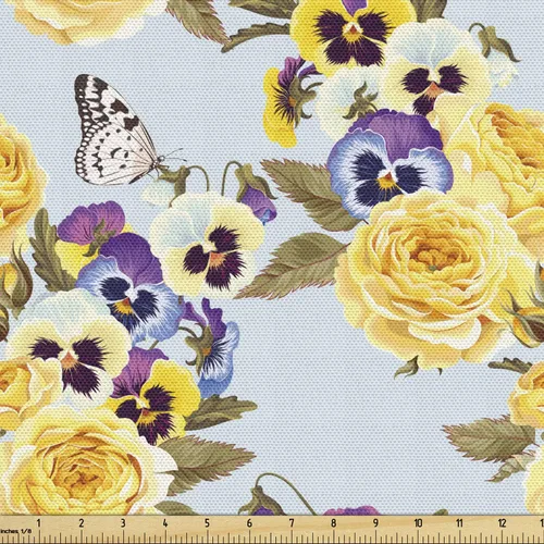 Vista 95 de Ambesonne Tela para Amantes de los Perros por Yarda, Perro Salchicha de Dibujos Animados Dachshund Cachorro con Pijamas a Rayas Flores y Mariposas