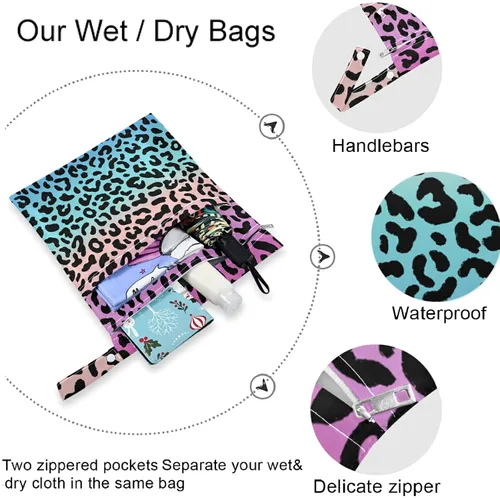 Vista 5 de visesunny Bolsa húmeda de grano de leopardo de colores 2 piezas con bolsillos con cremallera, lavable, reutilizable, espaciosa, bolsa de pañales
