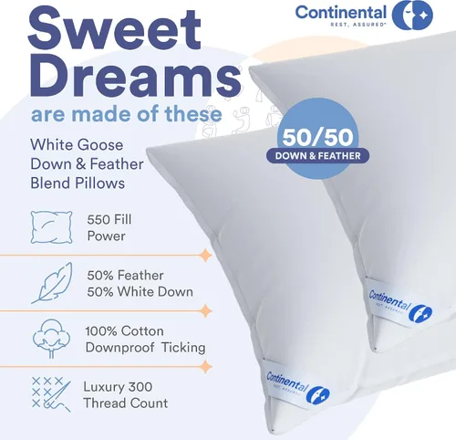 Vista 2 de Continental Bedding Almohada de plumas de 50/50, suave calidad hotelera, soporte para dormir lateral, algodón transpirable de 300 hilos, certificado