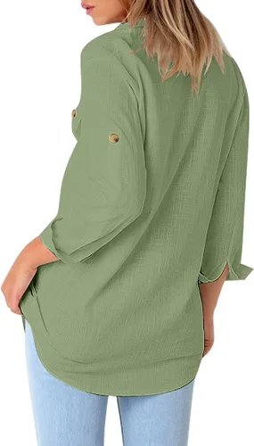 Vista 2 de Vetinee Blusa casual con botones para mujer, manga con puños, holgada, camiseta