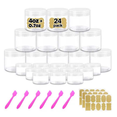 Vista 21 de Paquete de 12 recipientes pequeños de plástico de 4 onzas con tapas + paquete de 12 tarros de muestra de cosméticos de 0.7 oz/0.7 fl oz
