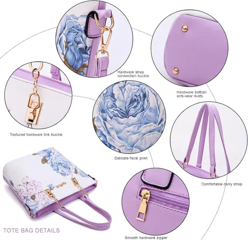Vista 5 de Juego de 6 bolsas y monederos con estampado floral para mujer, bolso de mano de cuero para el hombro