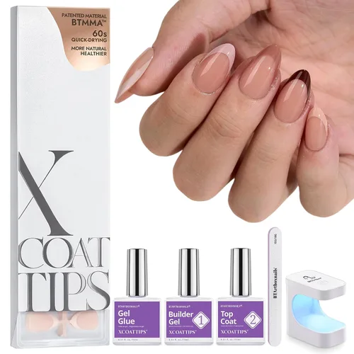Vista 11 de BTArtboxnails XCOATTIPS - Uñas postizas a presión con punta francesa blanca 01-Kit de squoval extra corto con base rosada