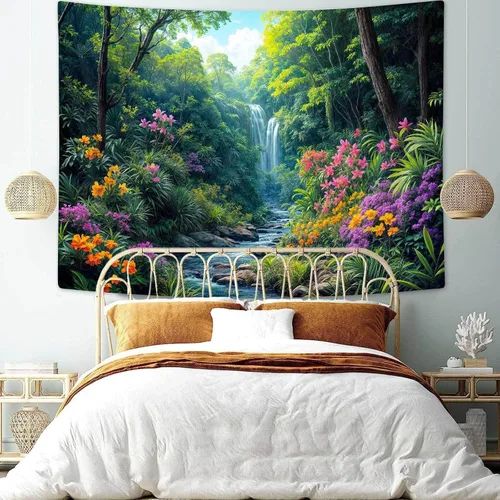 Vista 7 de Tapiz de cascada de bosque, flores de paisaje natural, tapices para colgar en la pared para hombres y niños, decoración de arte de pared, decoración