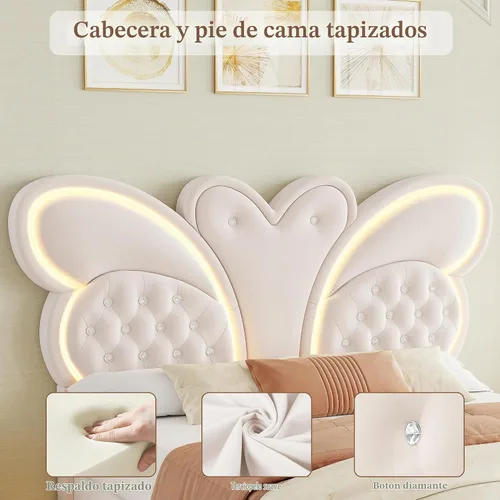 Vista 4 de Keyluv Marco de cama Queen con cabecera tapizada con patrón de mariposa, cama flotante moderna con luces LED, botones tapizados en cabecera y Beige
