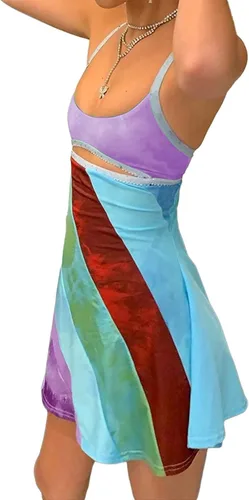 Vista 2 de Vestido corto con tirantes delgados para mujer, sexy, sin espalda, colorido, club, fiesta, cóctel
