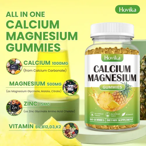 Vista 2 de Gomitas de calcio y magnesio y zinc, proporción 2:1 de calcio y magnesio con vitamina D3, K2, B6, B12 para fuerza ósea, función muscular y salud