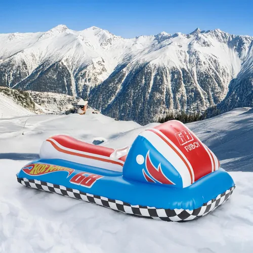 Vista 2 de FUNBOY & Barbie 50" Kids Inflatable Skimobile Winter Snow Sled, 1-2 Riders with Grooved Rubber Base Tracks Azul