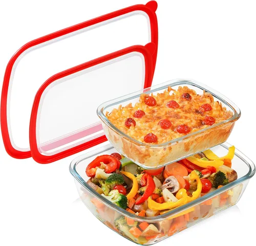 Vista 10 de NUTRIUPS Juego de 2 fuentes cuadradas para hornear de vidrio de 9 x 9 y 7 x 7 pulgadas con tapa, molde para hornear profundo, apto para horno