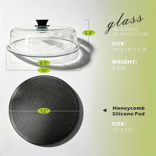 Vista 7 de Microwave Splatter Cover Glass Microwave Cover for Food with Easy Grip Silicone Knob and Ceramic Screws, Dual Vents and Honeycomb Silicone Pad, 10