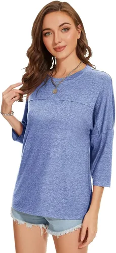 Vista 38 de ZENNILO Camisetas casuales de manga 3/4 para mujer, holgadas, cuello redondo, lindas camisetas básicas