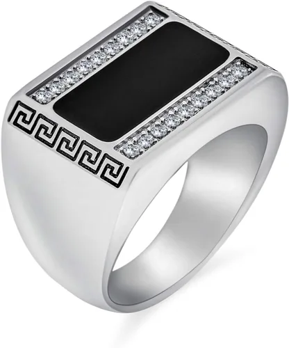 Vista 2 de Mens Geometric Rectangle Greek Design CZ Accent Black Rectangle Signet Ring For Men Silver Tone Stainless Steel