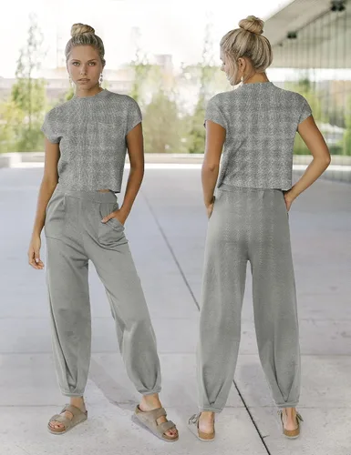 Vista 6 de MEROKEETY Conjunto de dos piezas para mujer, suéter de punto, sin botones, pantalones de cintura alta, conjunto de chándal