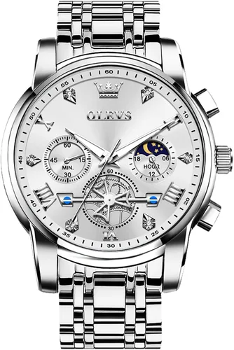 Vista 16 de OLEVS Relojes para hombre de acero inoxidable con cronógrafo, reloj de pulsera grande analógico de cuarzo, relojes de vestir impermeables de moda