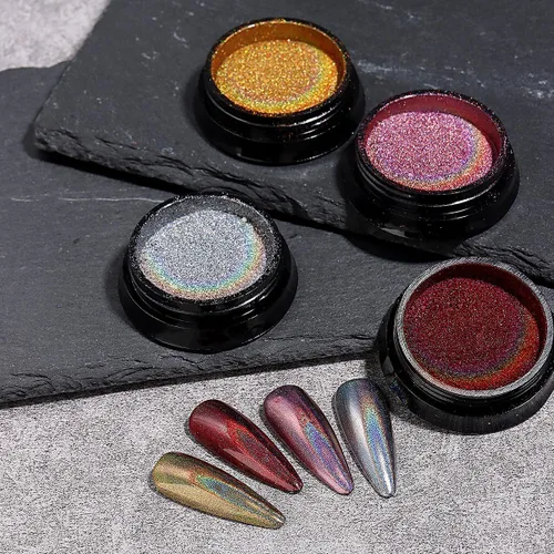 Vista 6 de Juego de polvos de uñas cromados de 16 colores, efecto espejo metálico holográfico Aurora Chameleon, pigmento con purpurina para esmalte de gel